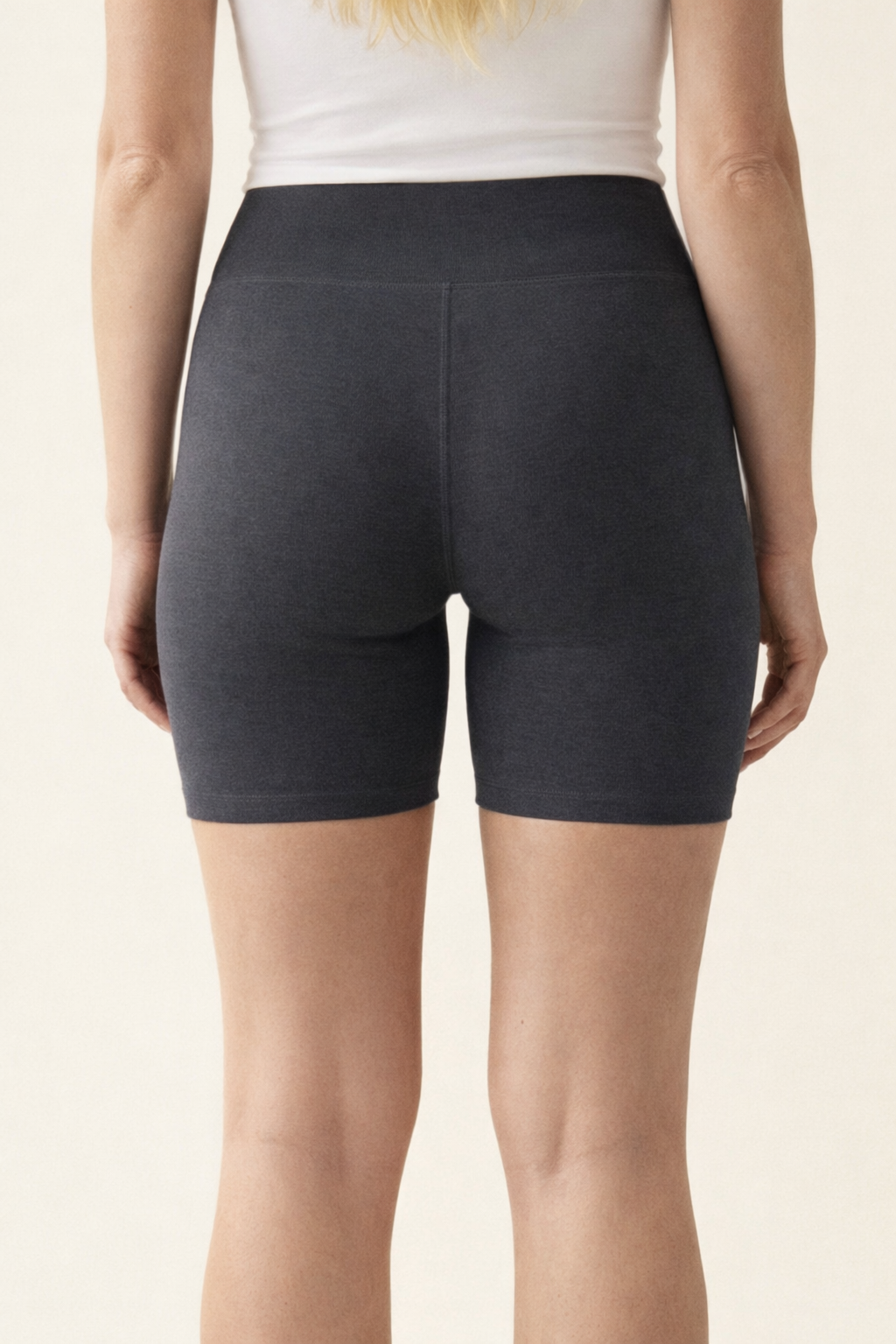 Close-up of the flat-locked back seam on SECOND. organic cotton bike shorts in white